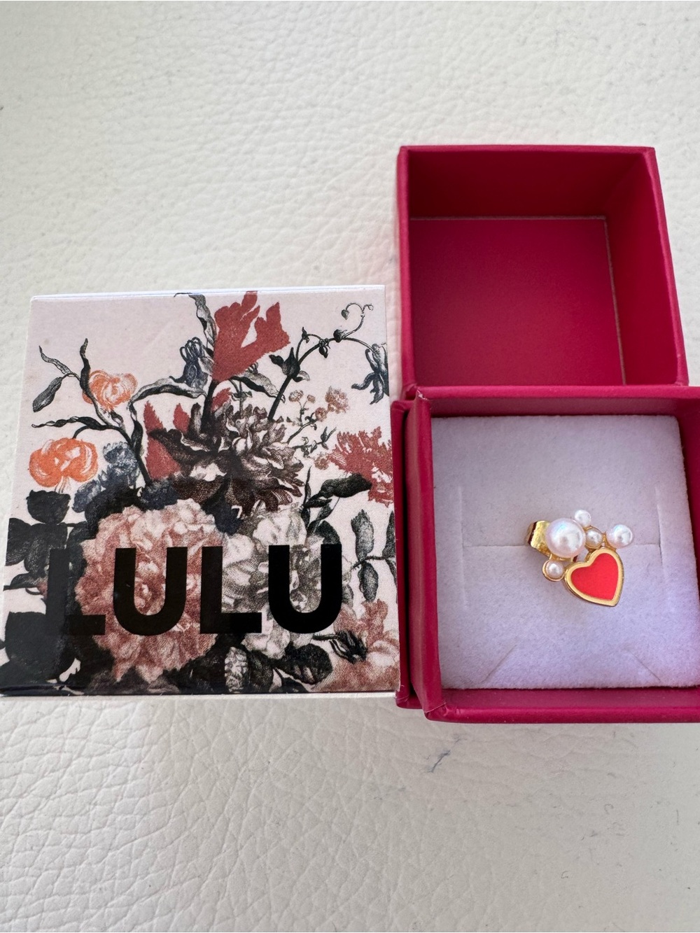 NIB Lulu Single Gold Heart Earring with Red Enamel & Faux Pearl Accent